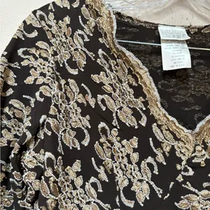 Moda Vintage Black Gold Lace Top Y2K Going Out Sheer Long Sleeve Large thumbnail 5