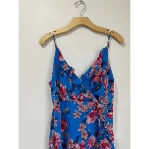 Lulus‎ Tropical Skies Blue Floral Maxi Dress Wedding Guest Side Slit Size L thumbnail 3