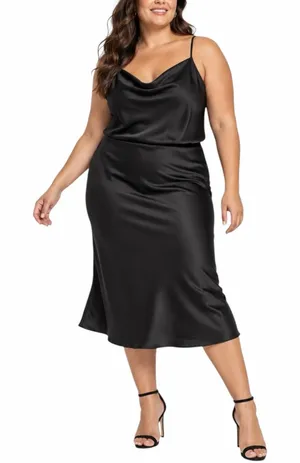 Ava and Viv Midi Dress 1X Satin Cowl Neck Adjustable Strap Black Cocktail Party thumbnail 1