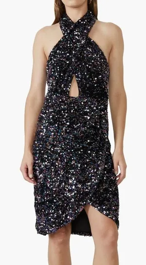 Bardot Sequin Halter Cutout Knee Length Dress Black Multi XS thumbnail 1