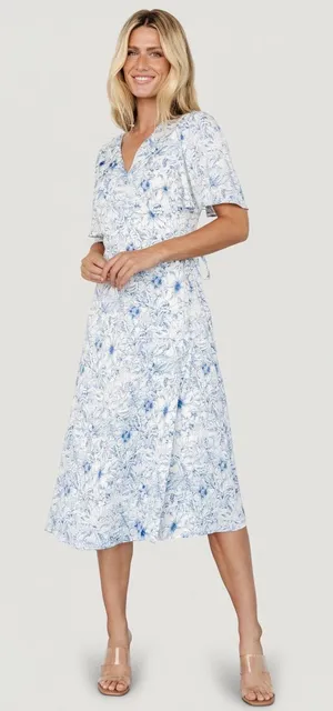 NWT Baltic Born Amelie Midi Wrap Dress Floral Blue and White Print Flowy thumbnail 1