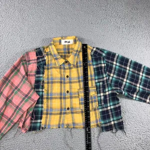 Patchwork Flannel Shirt Women L Cropped Colorblock Plaid‎ Grunge Punk Raw Hem thumbnail 6