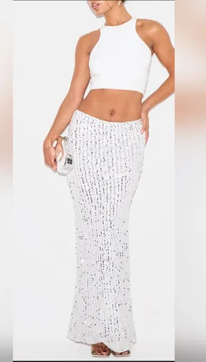 Pretty Little Thing NWT Silver Sequin Embellished Low Rise Drapey Maxi Skirt 6 thumbnail 1