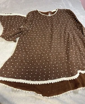 Altar’d State Brown And Cream Dot Sweater Crochet Lace Trim Bell Sleeve Size L thumbnail 1