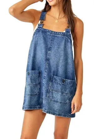 Free People We The Free Overall Smock Mini Dress Size Medium Denim thumbnail 1