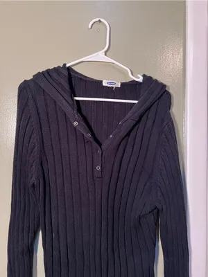 Old Navy Womens Ribbed Hooded Henley Sweater Black Half Snap Stretch Long Sleeve thumbnail 2