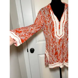 Tory Burch Orange Coral Print Cotton Tunic Top Herringbone Trim Size 8 thumbnail 2