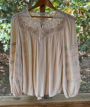 Maria Filo Women's Beige Embroidered Tonal Long Sleeve Boho Blouse Size P thumbnail 1