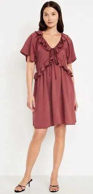 Old Navy Women’s Satin Ruffle Mini Dress Medium Burgundy Romantic Feminine Fairy thumbnail 1