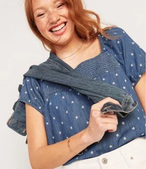 Old Navy Smocked-Yoke Floral-Embroidered Chambray Top thumbnail 1