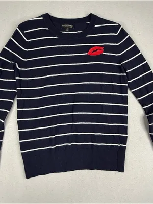 Banana Republic Merino Wool Sweater S Navy Stripe Red Lips Embroidered Preppy thumbnail 1