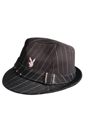 Y2K Playboy Fedora Pink Rhinestone Pinstriped Size L/XL Bling 2000s Grunge Bimbo thumbnail 8