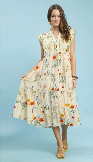 Umgee Floral Ruffle Tiered Midi Dress with Scalloped Detail - Small thumbnail 1