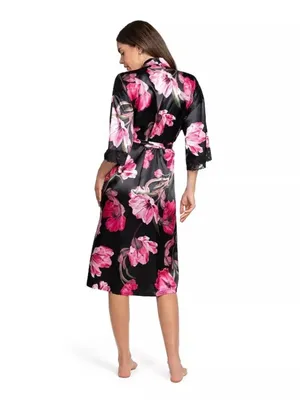 NWT Women's Lilac + London Floral Print Pink and Black Midi Wrap Robe L thumbnail 3