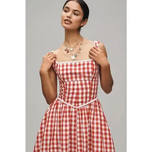 💕WAYF x Styled Coco!💕 Gracie Gingham Linen-Blend Midi Dress Red Gingham XL NWT thumbnail 6