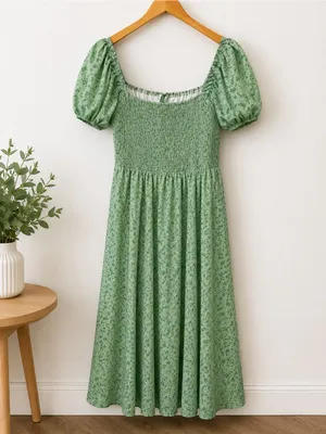 Green Floral Puff Sleeve Midi Dress Cottagecore Slit Dress Large thumbnail 2