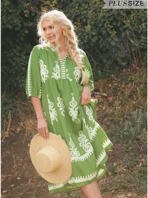 New! Umgee Plus Size Green Cream Abstract Midi Dress Size 2X thumbnail 6