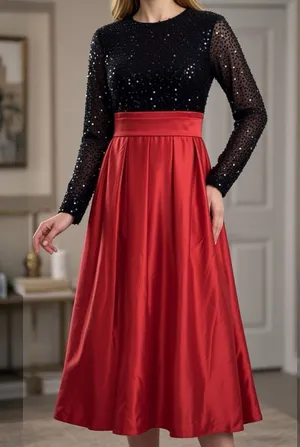 AO YAN Black Red Maxi Dress Long Sleeve Sequined Satin‎ Christmas Holiday C27 thumbnail 1