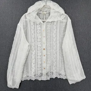 POL White Embroidered Eyelet Lace Button Front Blouse Boho Romantic Cottagecore thumbnail 2