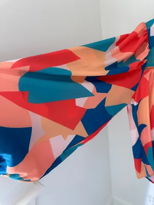 Vici Teal, Orange & Cream Abstract Balloon-Sleeve Blouse thumbnail 9