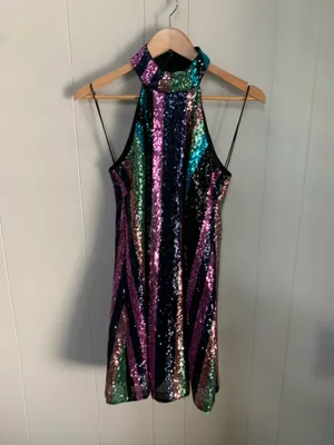 Belle Badgley Mischka Heather Rainbow Sequin Halter Mini Dress size 2. thumbnail 2