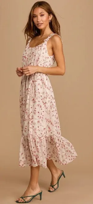 Lulus Be My Honey Cream Floral Print Tie-Strap Midi Dress M‎ thumbnail 1