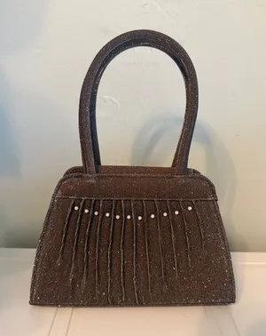 Retro y2k Brown Shimmer Pleated Faux Pearl Top Handle Evening Bag boho whimsi da thumbnail 1