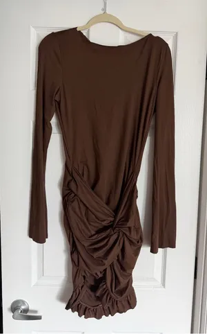 Micas Long Sleeve Brown Mini Dress with Knotted Detail thumbnail 1