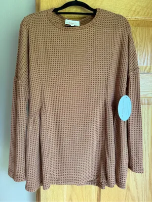 Soft Waffle Knit Camel Brown Babydoll Top Women Medium Bohemian Hailey & Co NWT thumbnail 1