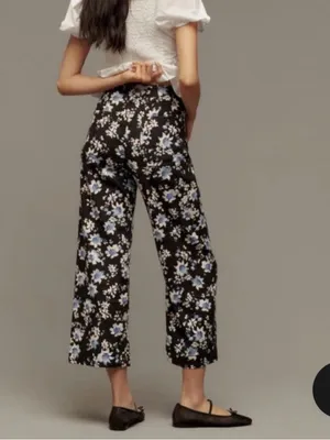 Anthropologie Black Floral Cropped Wide-Leg Pants thumbnail 4