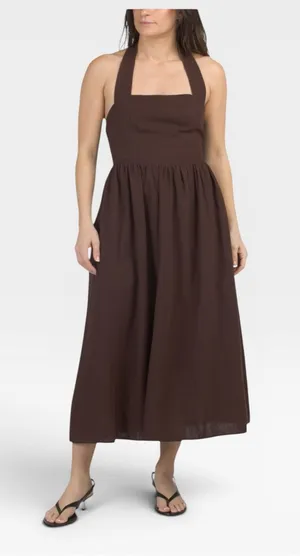 NWT JOIE Halter Neck Linen Bland Brown Bow Tie Back Midi Dress SMALL thumbnail 1