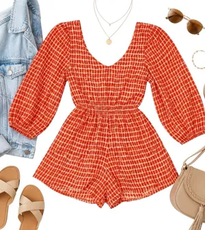 Altar’d State Orange Red Plaid Smocked Romper Women’s Medium Balloon Sleeve EUC thumbnail 1