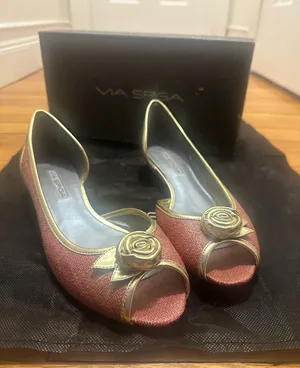 Vintage Via Spiga Leather Tweed Gold Rose Peep Toe Flats thumbnail 1