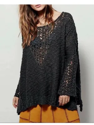 Free People Pretty Pointelle Vee Sweater Small Charcoal Oversized Open Knit thumbnail 1
