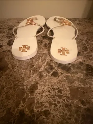 Tory Burch White Capri Thong Sandals with Gold Logo Accents thumbnail 5