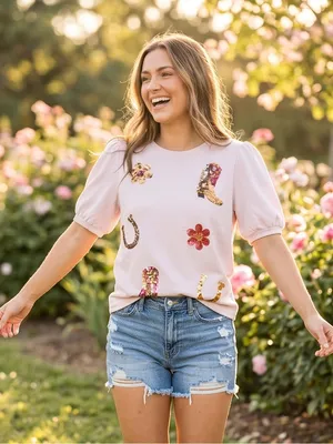 Mesh + Love Pink Sequin Western Puff Sleeve Top NWT Small thumbnail 4