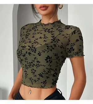 Floral Print Mock Neck, lettuce trim mesh lined crop top thumbnail 1