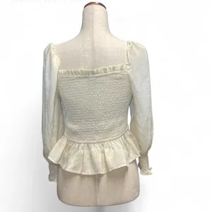 On‎ Blue Womens Ivory Smocked Square Neck long sleeve peplum Poet blouse Medium thumbnail 4