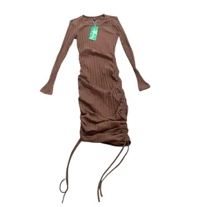 Drawstring Ruched Side Bodycon Dress in Brown, Size XS​ thumbnail 2