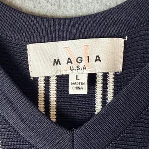 Magia USA Navy Blue White‎ Striped Knit Fit Flare Midi Dress Sleeveless Large thumbnail 4