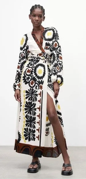 Zara White Floral Print Boho Blogger Favorite Resortwear Wrap Maxi Dress XS thumbnail 1