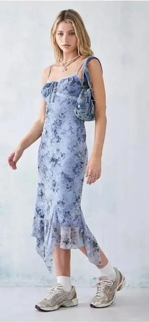 Urban‎ Outfitters Floral Mesh Handkerchief Hem Midi Dress Blue Y2K Large thumbnail 1