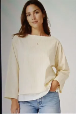J Crew Ciel Top Striped Cotton Top Butter Yellow Striped Boat Neck Preppy Womens thumbnail 1
