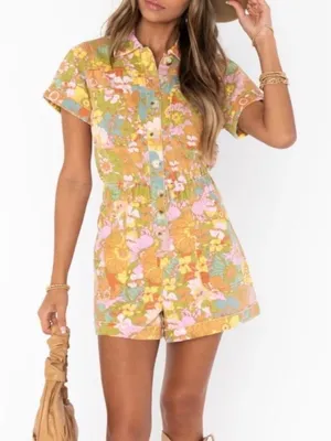Show Me Your Mumu Cannon Romper Floral Groovy Blooms Denim XL thumbnail 1