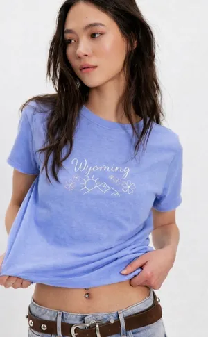Wyoming Embroidered Blue Tee M Western Cottagecore Graphic Shirt thumbnail 1