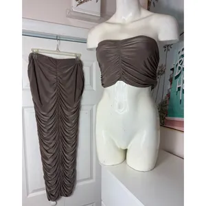 PrettyLittleThing Taupe Brown Ruched Midaxi Skirt Bandeau Top Set Size 12 thumbnail 3