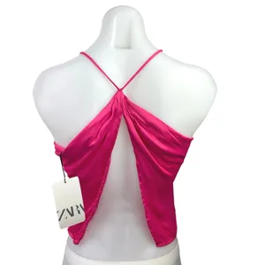 New Zara Women's Pink Silk Satin Cowl Neck Sleeveless Crop Camisole Tank Top S thumbnail 2
