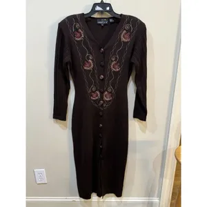Vintage Carole Little Sweater Dress Duster Floral Embroidered Midi Wool Brown thumbnail 3