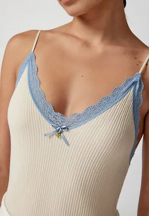 Urban Outfitters Out From Under Lace Trim Bodysuit Cream Blue Women’s Small thumbnail 1