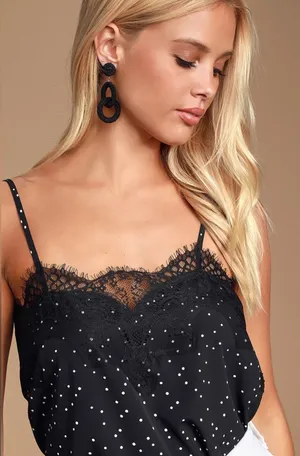 Lulu’s Maddox Eyelash Lace Cami in Black & White Polka Dot thumbnail 1